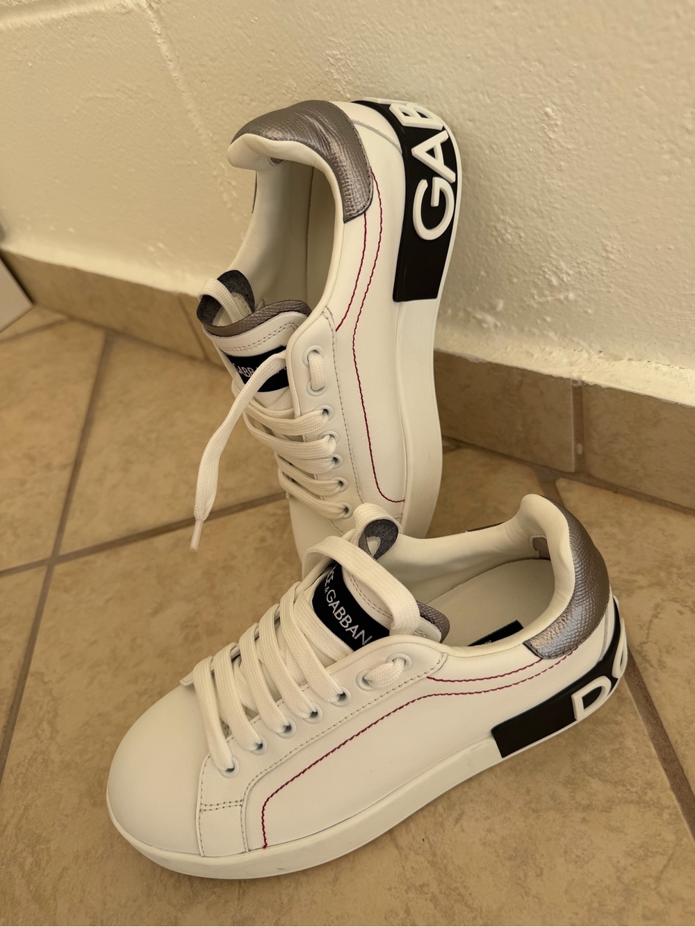 Dolce & Gabbana White Sneakers with Silver Heel and Black Logo Panel